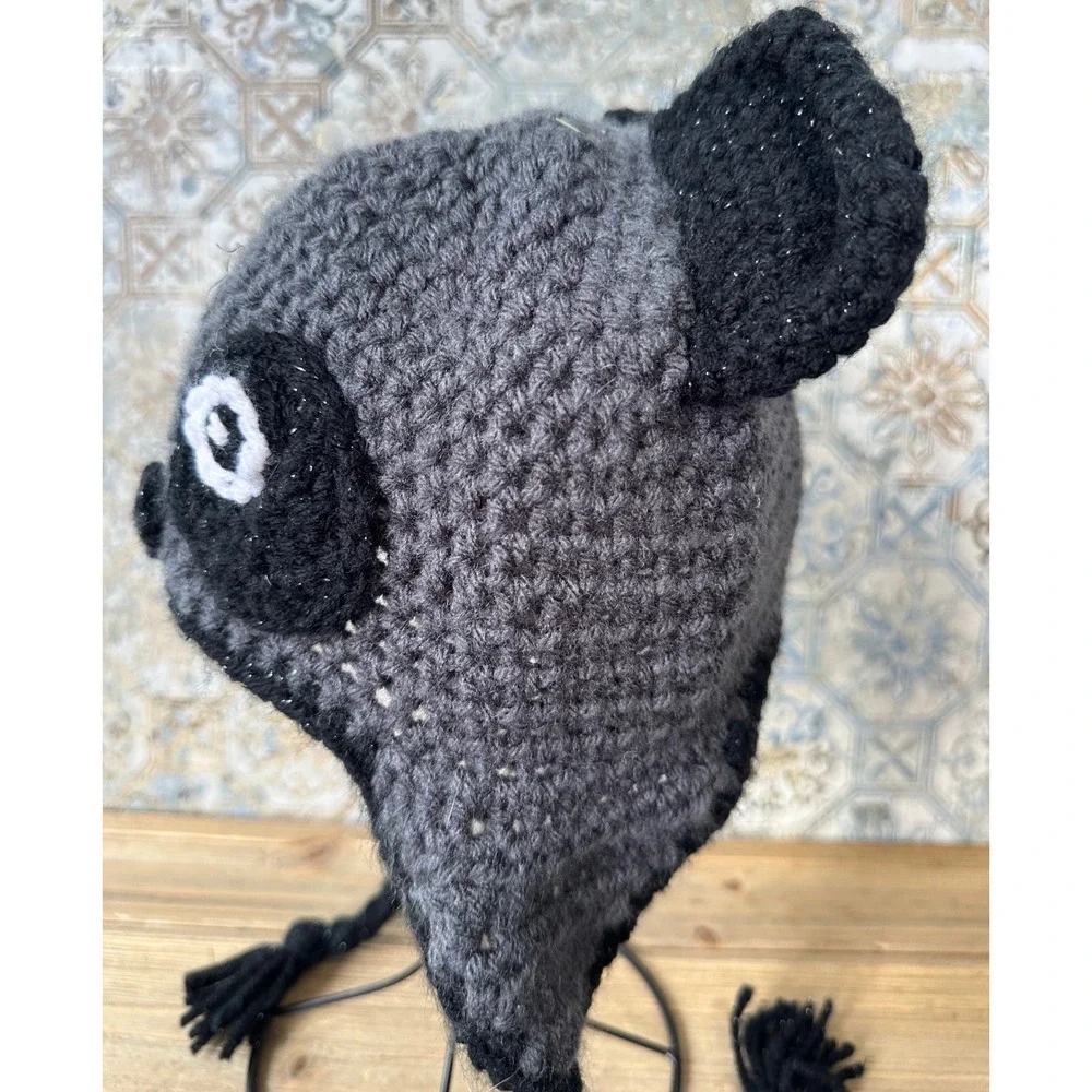 Panda Beanie Crochet Earflap Kids One Size Grey Black Excellent